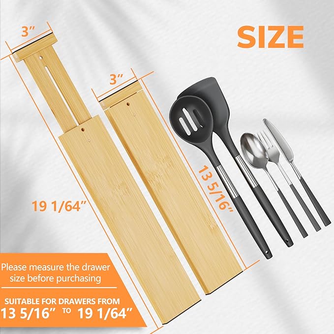 BAMEOS 4 pcs 3" High Bamboo Drawer Dividers Adjustable Drawer Organizer Expandable Drawer Organization Utensil Organizers for Kitchen Dresser Bathroom Bedroom and Office