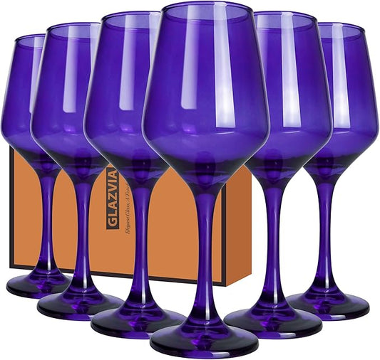 Purple Wine Glasses Set of 6-14oz Long Stem Wine Glass, Pretty Crystal Glassware, Hand Blown Goblets Drinkware, Unique Stemware Wine Glass Holiday Gift Set