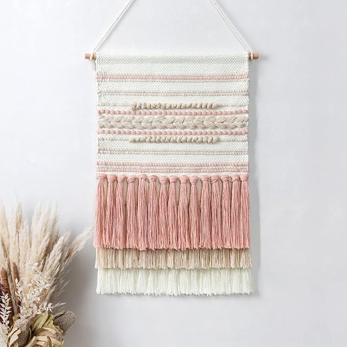 Dremisland Macrame Woven Wall Hanging Home Decor Bohemian Beige Geometric Wave Art Decor with Wool Ball and Tassle-Elegant Apartment Bedroom Dorm Room Door Decoration (Pink Line)