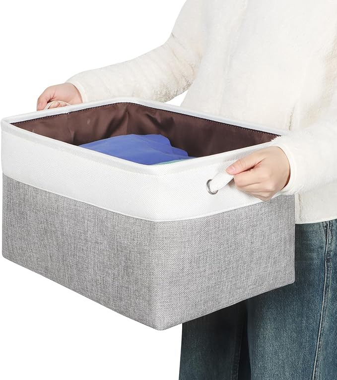 Kntiwiwo Large Fabric Foldable Storage Bin 17" x 11.8" x 9.8" Storage Baskets with Handle Large Cube Storage boxes for Closet, Shelves, Home, Set of 3, Grey