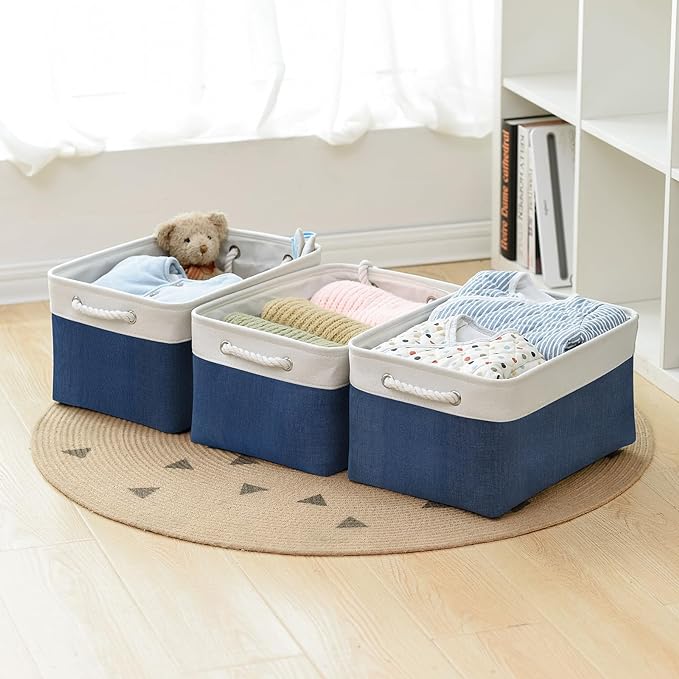 Organization and Storage Basket for Shelves - 16x12x8 inch Large 3 Pack Canvas Storage Bin Collapsible Baskets for Organizing, Fabric Storage Cubes for Cloth Laundry (White&Deep Blue)