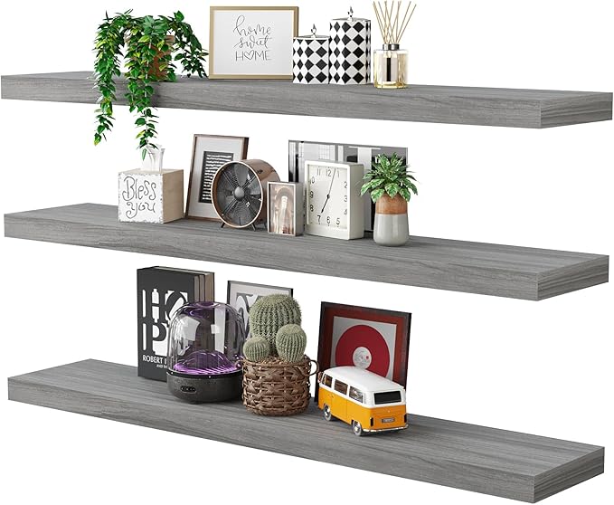 BAMEOS Floating Shelves, Walnut Wall Mounted Wooden Shelves with Invisible Brackets Set of 3, Hanging Wall Shelves Decoration for Bedroom, Bathroom, Living Room and Kitchen