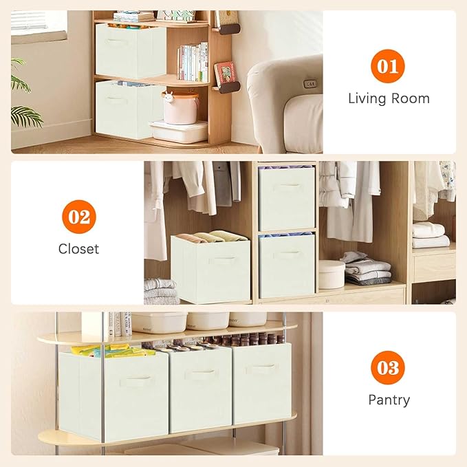 GhvyenntteS Storage Cubes, 11 Inch Cube Storage Bins with Dual Handles, Collapsible Fabric Storage Bins for Shelves Closet, Storage Baskets for Organizing Clothes, Bedding, Toys, Books (6 Pack, Beige)