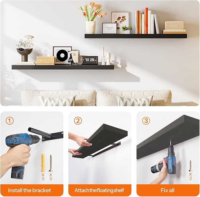 HOOBRO Floating Shelves for Wall, Wall Mounted Shelf Set of 2, 47.2" Hanging Shelf with Invisible Brackets, for Wall in Bathroom, Bedroom, Toilet, Kitchen, Living Room, Office, Black BK120BJP201