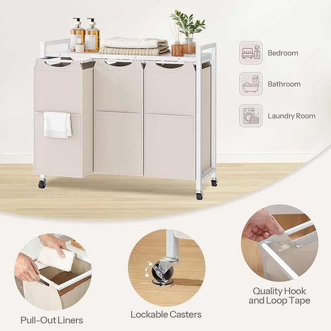 HOOBRO Laundry Sorter 3 Section, Laundry Hamper with Wheels, 3 × 11.5 Gal (43.4L), Rolling Laundry Basket, Pull-Out and Removable Oxford Fabric Bags, White WG76XY01
