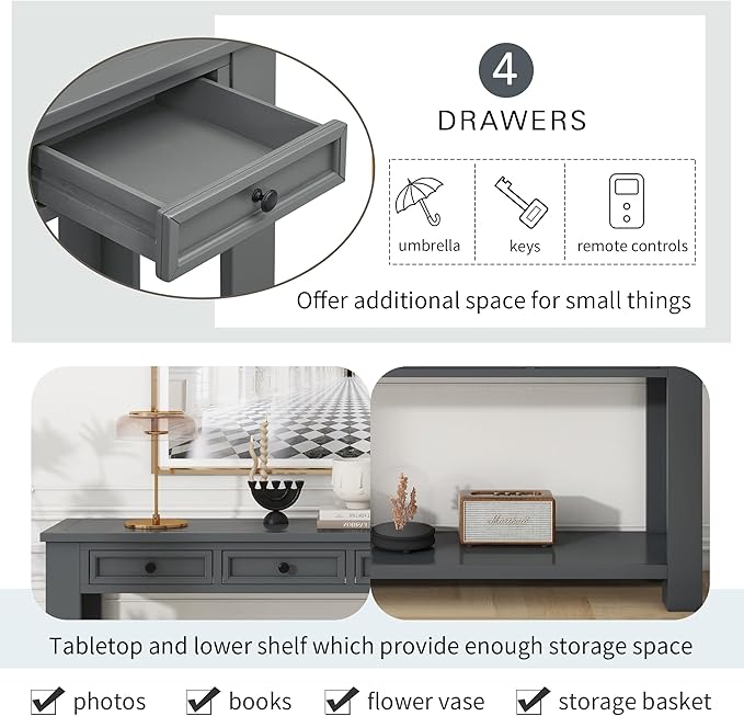 Solid Wood Console Table 63 in Long Sofa Table Entryway Table with 4 Drawers and Bottom Shelf for Hallway Living Room Couch Table,Fully Assembled,63" Tan