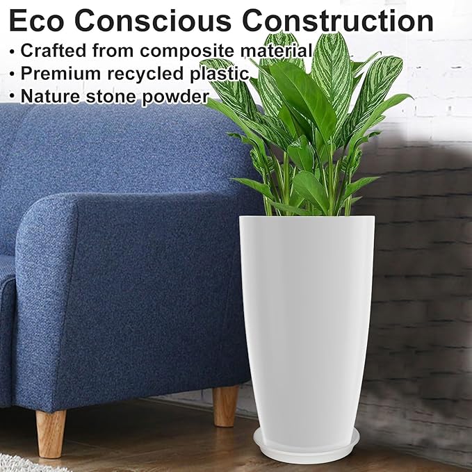 Tall Flower Pot Indoor - Outdoor Plant Pot - White Glossy Planter - Elegant Ceramics Imitation - 12" Diameter 21" Tall with Drainage Holes and Saucer