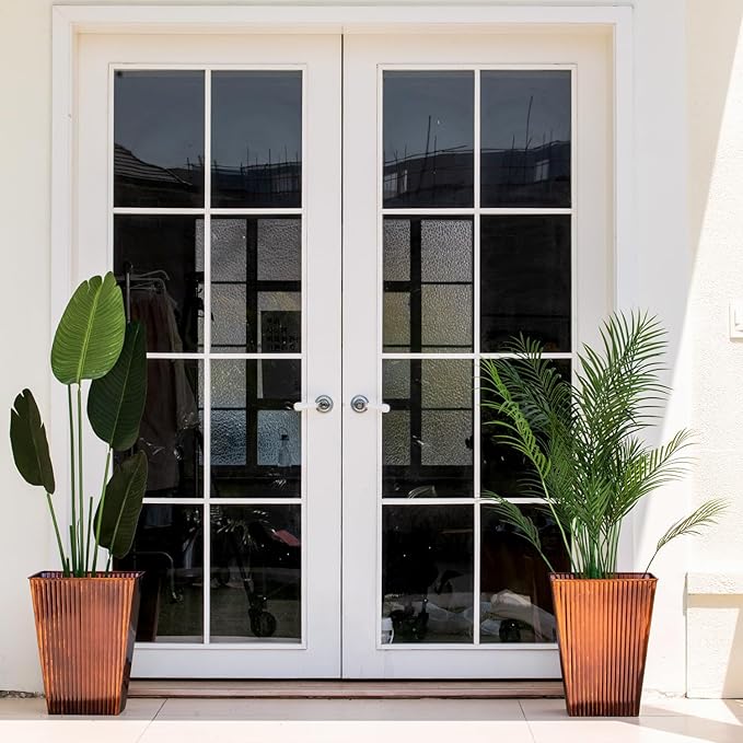 18in Vintage Handmade Metal Vertical Lines Copper Tapered Planters Set of 2, Galvanized Steel Planter Box with Drainage Hole for Indoor/Outdoor/Porch/Garden