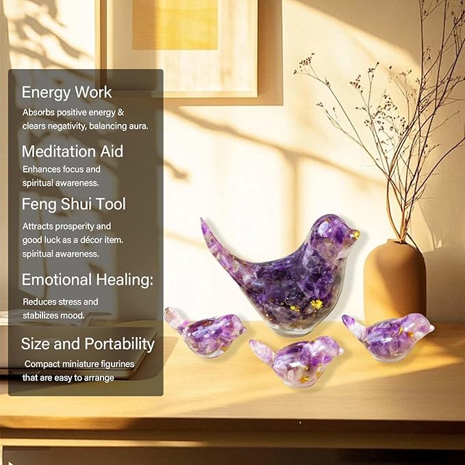 Crystal Bird Figurines, Resin Animal Statues, Miniature Decorative Gravel Birds, Home Decor (4PCS-Amethyst)