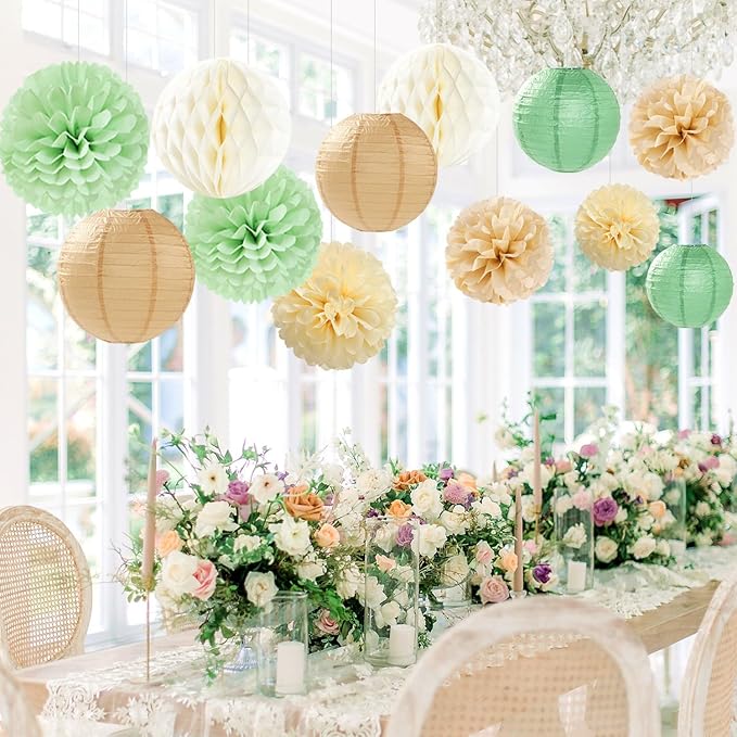 Sage Green-Boho Party-Decorations Paper-Flowers Lanterns - 15PCS Safari Rustic Neutral Baby Shower Tissue Pom Poms Streamers, Champagne Gold Birthday Wedding Graduation Hanging Supplies Decor Hugfond