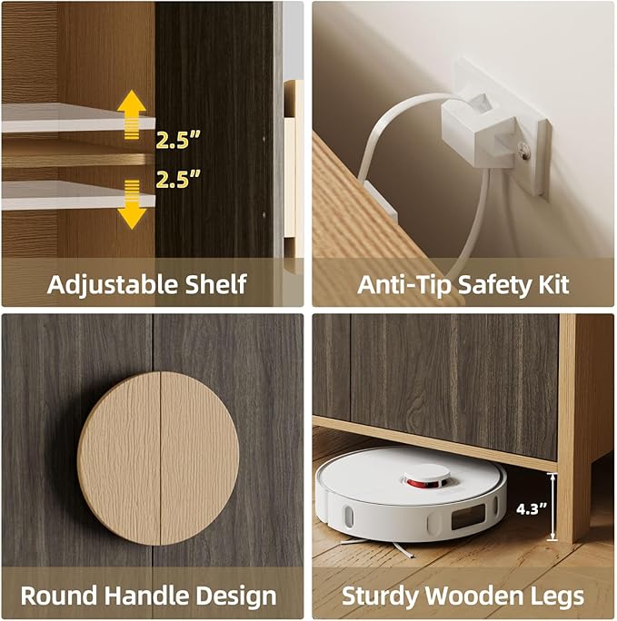 Set of 2 TV Stands with Storage, 65 Inch Symmetrical Arc Accent Sideboard Large Console Table with Adjustable Shelves, Mid Century Modern TV Stand for Living Room, Dining Room