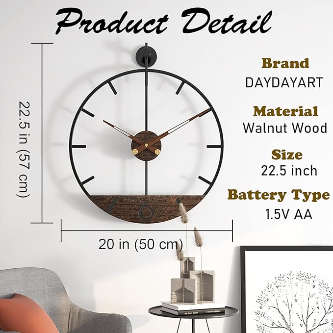 Modern Wood Walnut Dial Wall Clock, Large Simple Wall Decor Metal Frame Silent Non Ticking Clock for Living Room Decor, Kitchen, Bedroom, Study Decoration, Handmade Home Gift Idea, 22.5 in