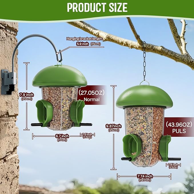LONA Bird Feeders for Outdoors Hanging – 3 Separate Compartments, 3 Feeding Ports, Weatherproof Dome & 3 Ways to Hang, Large Capacity for Cardinals/Finches (Green，Plus