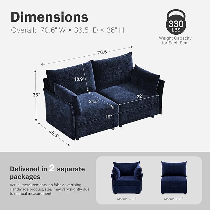 Oversized Loveseat Sofa, Modern Modular Sectional Couch Blue Fluffy Chenille Mid Century 2-Seat 24.5" Deep Seat for Apartment, Living Room, Bedroom
