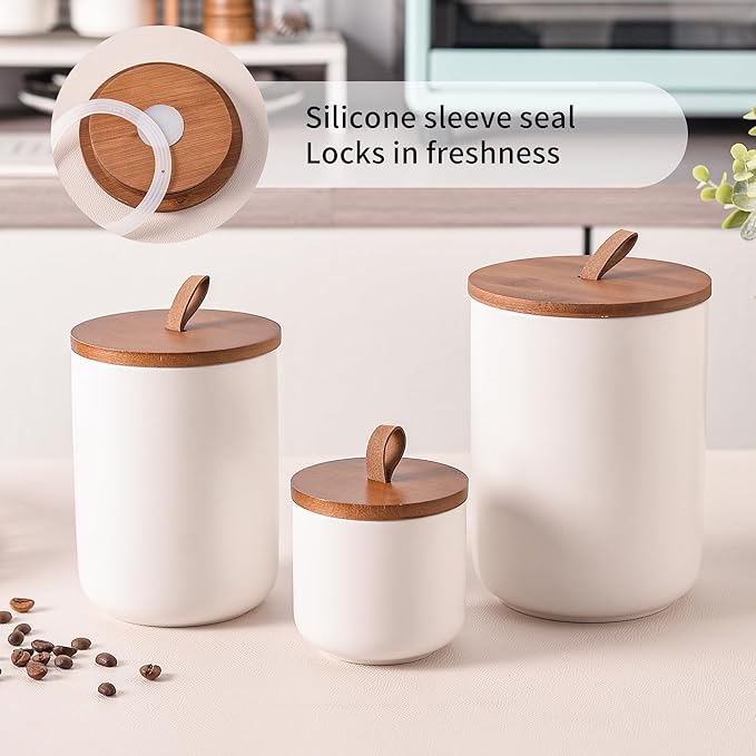 White Ceramic Canister Set with Bamboo Lids, 3-Piece Airtight Food Storage Jars for Kitchen - Flour, Sugar, Coffee, Tea, Spice - Small, Medium, Large Sizes