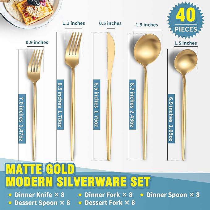 Matte Gold Silverware Set for 8,Modern Stainless Steel Brushed Cutlery Set,40-Pieces Heavy Duty Flatware Set,Knives Spoons and Forks Set Utensils Set,Satin Finish,Dishwasher Safe