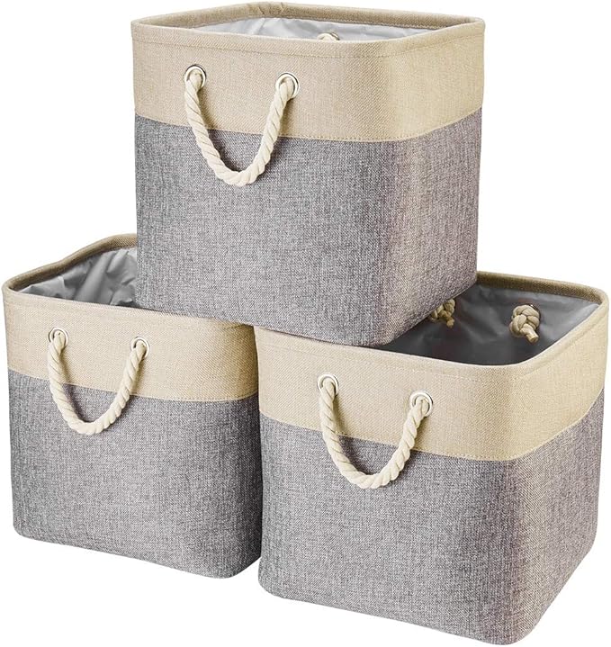 i BKGOO 3Pack Large Foldable Storage Bins，Collapsible Sturdy Cationic Fabric Organizing Storage Basket Cube with Cotton Handles for Home Office Shelf Clothes Toys Khaki-Grey 13×13×13 inch