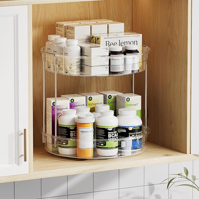 LAMU 12inch 2 Tier Lazy Susan Turntable Organizer Rotating Spice Rack Organization for Cabinet, Kitchen, Pantry, Countertop, Bathroom, Vanity, Medicine Cabinet Organizer, Clear