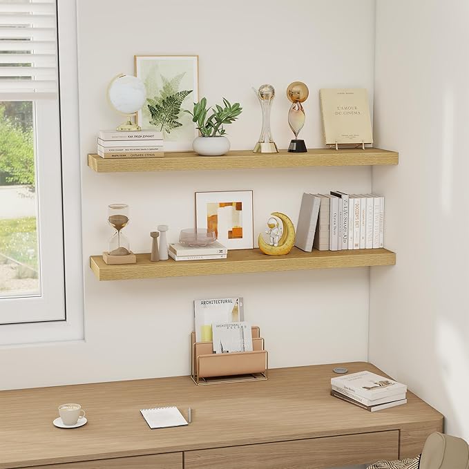 Floating Shelves Wall Shelf 40 Inch, 8 Inch Deep Floating Shelf for Wall, Farmhouse Black Wood Shelves Invisible Bracket for Living Room, Bedroom, Kitchen, 40 x 8 x 1.4 Inch, Set of 2, Oak Color