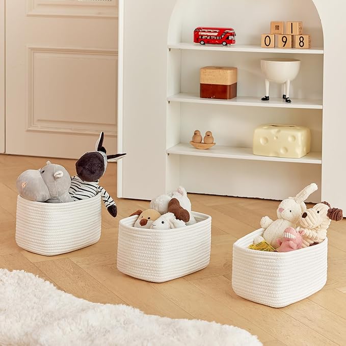 Small Cotton Rope Storage Basket Set of 3-11"x7"x7" Perfect Woven Baskets for Storage, Ideal Storage Baskets for Organizing Toys, Towels, and More - Baskets for Shelves and Home Decor（White）