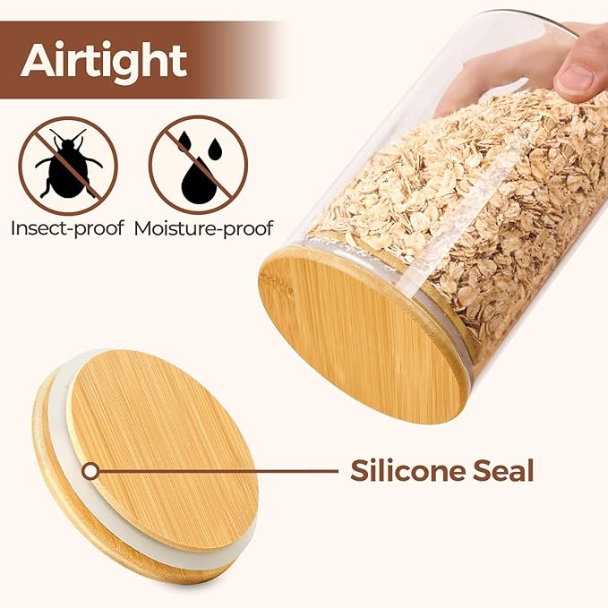 ComSaf Glass Food Storage Jars Set of 6, Clear Glass Storage Containers with Lids, Canisters Sets for the kitchen, Spaghetti, Pasta, Flour, Nuts, Oat, Coffee and Sugar Container, Pantry Organization