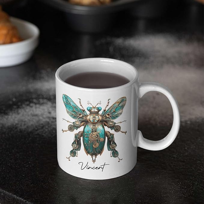 Unique Mechanical Insect Art Ceramic Cup, Personalized Steampunk Beetle Design Coffee Mug 11oz, Custom Name White Mug For Science Fiction Enthusiasts, Customized Insect Ceramic Mug