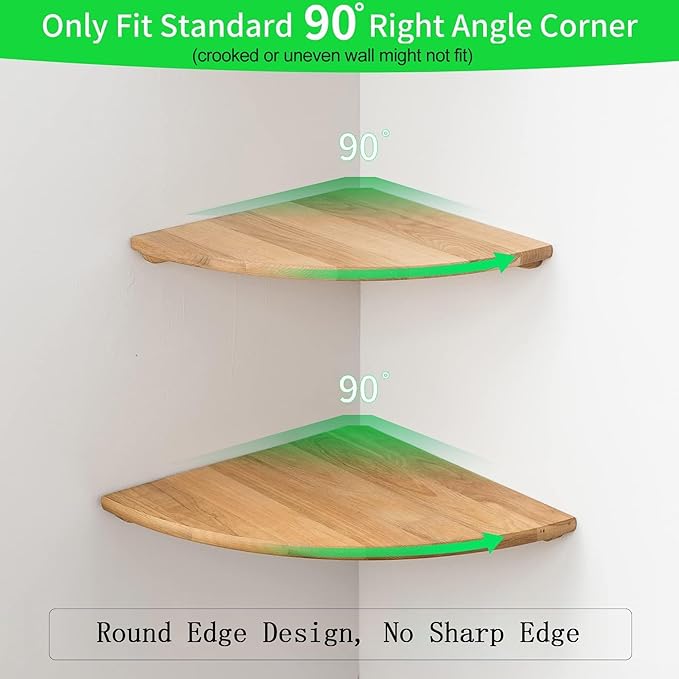 Corner Shelves, Floating Corner Shelf, Set of 2 Solid Oak Wood Wall Shelves, Round End Wall Mount with Wire Hole Shelving for Small Plant for Bedroom Kitchen, Living Room 8.7“