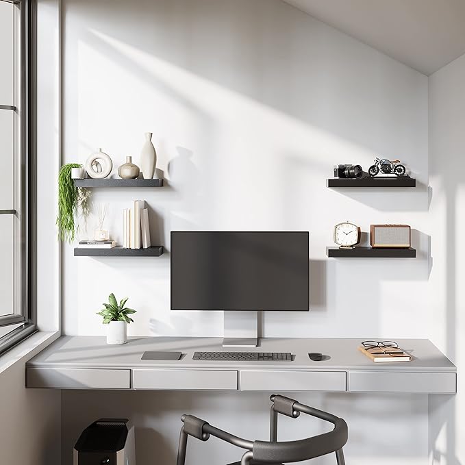 BAMEOS Floating Shelves, Black Wall Mounted Wooden Shelves with Invisible Brackets Set of 2, Hanging Wall Shelves Decoration for Bedroom, Bathroom, Living Room and Kitchen