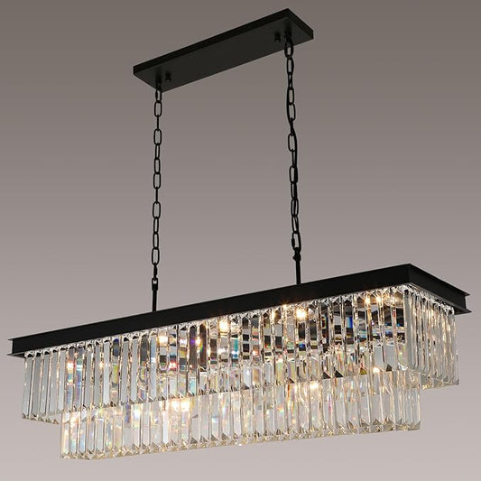 Crystal Chandeliers for Dining Room Light Fixtures Over Table，15-Lights Black Modern Rectangle Chandeliers for Kitchen Island Bar L40 Inch