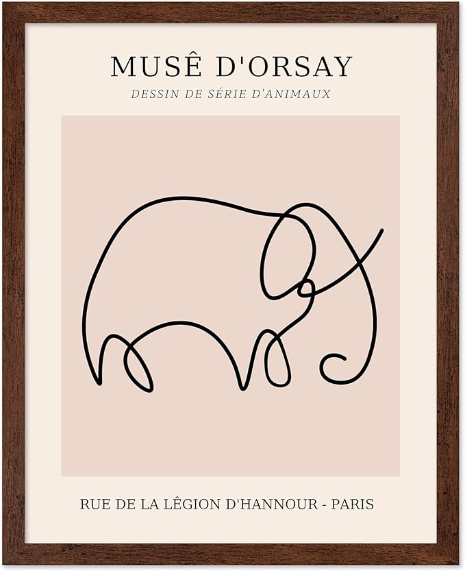 Poster Master Vintage Poster - Retro One Line Elephant Drawing Print - Elephant Art - Minimal Gift for Men, Women, Animal Lover - Abstract Wall Decor for Home, Office, 16x20 Brown Framed