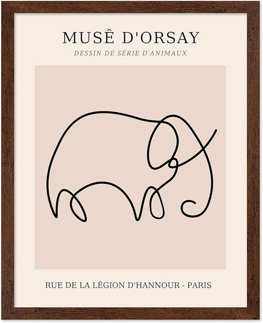 Poster Master Vintage Poster - Retro One Line Elephant Drawing Print - Elephant Art - Minimal Gift for Men, Women, Animal Lover - Abstract Wall Decor for Home, Office, 11x14 Brown Framed