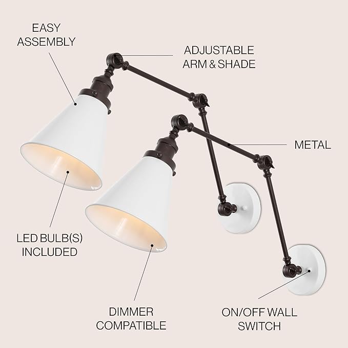 JONATHAN Y JYL7462C-SET2 Rover 7" Classic Industrial Metal Adjustable Arm LED Wall Sconce, White/Oil Rubbed Bronze (Set of 2) for Bedroom, Bathroom, Vanity