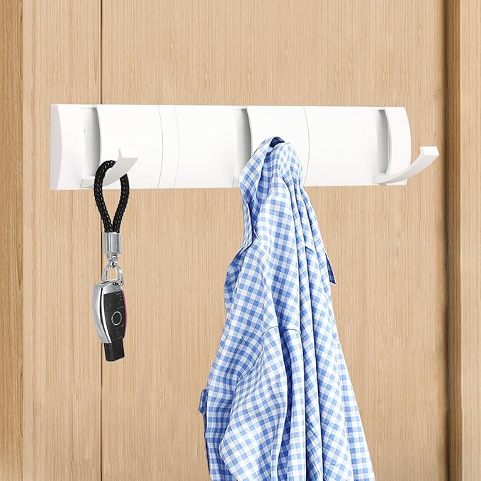 Folding Coat Hooks, Wall Mounted Coat Rack with 5 Retractable Hooks, Heavy Duty Towel Rack for Bathroom Wall Hook for Hanging Clothes Bathrobe, Stainless Steel Coat Hanger for Entryway(White)