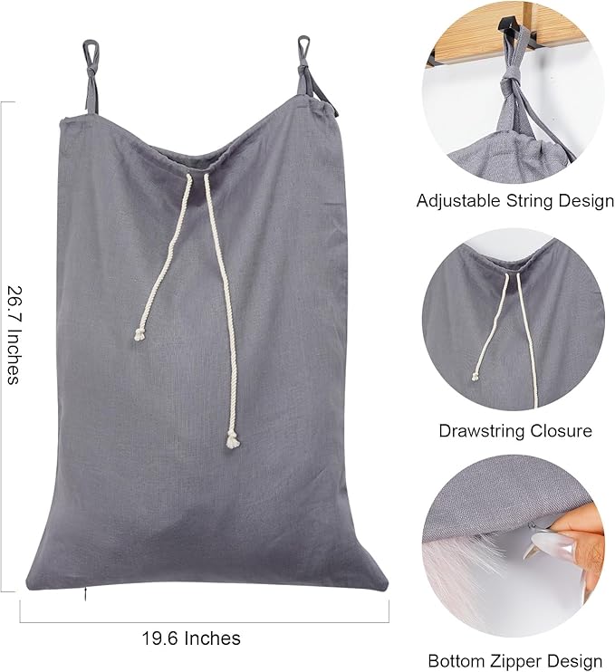 Linen Hanging Laundry Bag, Over The Door Laundry Hamper for Dirty Clothes, Drawstring Closure with Bottom Zipper, Gray