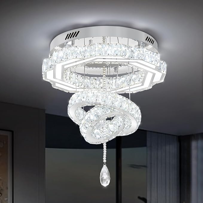 Flashing God 20" Crystal Chandelier Crystal LED Flush Mount Chandeliers for Living Room Bedrooms Dining Room Modern Chrome Chandelier Lighting Dimmable 2700k 4500k 6000k