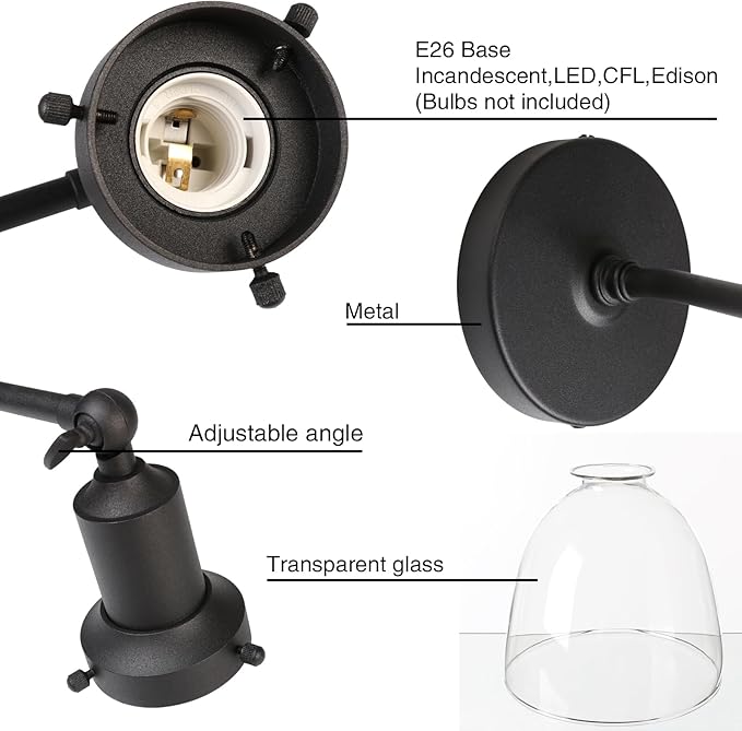 PERMO Industrial Vintage Sconces Slope Pole Single Sconce with 6.7" Oval Dome Clear Glass Shade Matte Black Wall Sconce Wall Mount Light Fixture for Bathroom Bedroom Entryway Home Office Kitchen