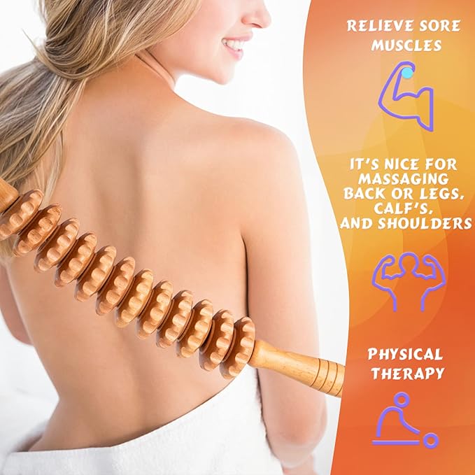 Curved Wood Therapy Massage Roller Tools,Lymphatic Drainage, Cellulite Massage & Wooden Muscle Roller Stick for Waist and Thigh, Stomach Rolling Massager Tool （with White Box）