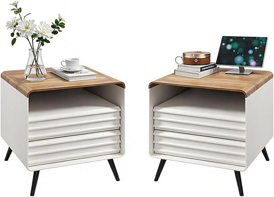 RedLemon 24" Nightstand Set of 2 with Charger Station, Mid Century Modern Fluted End Table with 2 Drawers，Wooden Side Table with Open Cubby Storage for Living Room, Bedroom, Office (Antuique White)