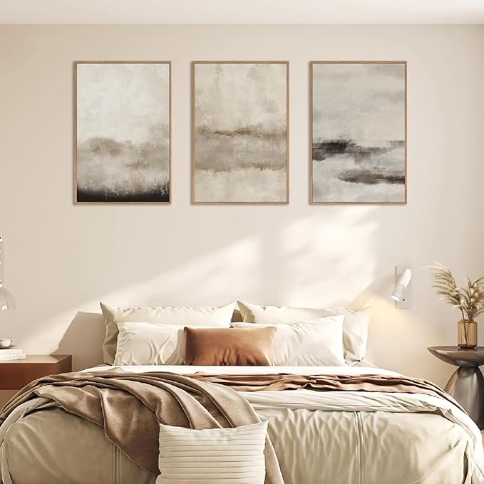HPINUB Large Abstract Framed Canvas Wall Art Set,Minimalist Beige Gray Pastel Watercolor Wall Decor,Modern Illustration Neutral Art Painting for Living Room,Bedroom,Dining Room,Office -16"x24"x3