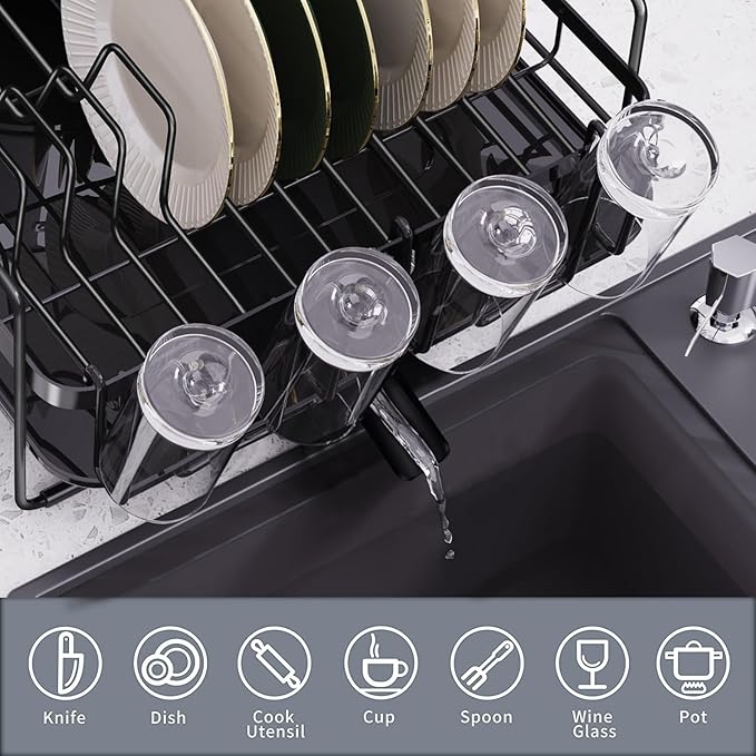 Runnatal Large Dish Drying Rack with Drainboard Set, Dish Rack, Extendable Dish Rack, Utensil Holder, Cup Holder, Expandable Dish Drainer for Kitchen Counter