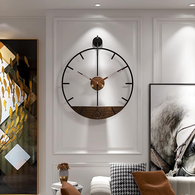Modern Wood Walnut Dial Wall Clock, Large Simple Wall Decor Metal Frame Silent Non Ticking Clock for Living Room, Kitchen, Bedroom, Study Decoration, Handmade Home Present Idea, 29.5 in