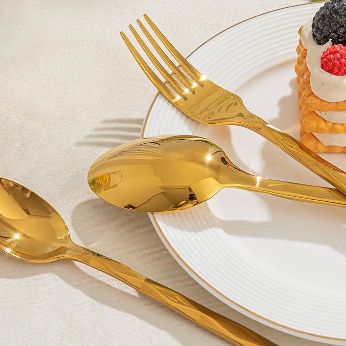 KINGSTONE Gold Silverware Set, Luxury 40 Piece Flatware Set for 8, 18/10 Stainless Steel Cutlery Set with Diamond Cut Pattern for Kitchen, Home, Wedding, Party, Mirror Polished and Dishwasher Safe