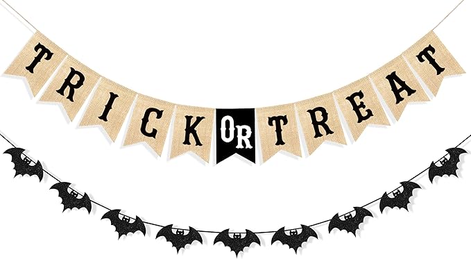 Uniwish Trick or Treat Burlap Banner Halloween Decorations for Mantel Fireplace Glitter Bat Garland Bunting Home Wall Decor Halloween Party Supplies