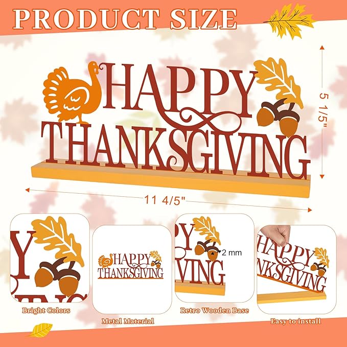 COCHIE Metal Happy Thanksgiving Sign, Fall Leaves Turkey Table Centerpieces Decorations for Home, Office, Shelf, Mantel, Indoor, Traditional Party Supplies Decor (Thanksgiving)