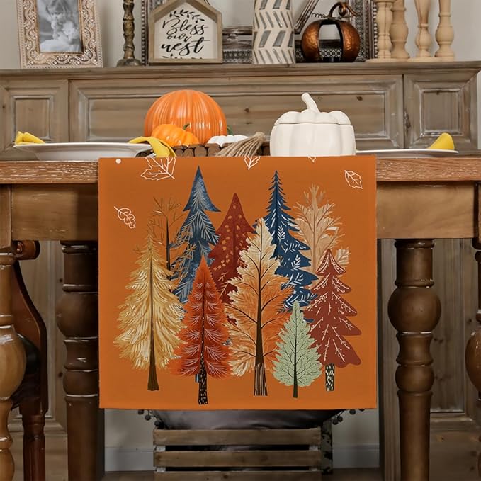 GEEORY Fall Watercolor Tree & Maple Leaves Table Runner 13x36 Inch, Rustic Farmhouse Autumn Thanksgiving Decor for Kitchen, Dining, Indoor/Outdoor Holiday Dinner Party Orange GT158-36