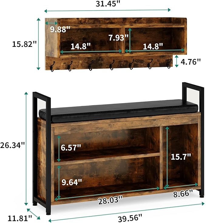YITAHOME Coat Rack Shoe Bench Set, Wall Coat Rack with Shoe Storage, Industrial Entryway Shoe Bench with Coat Rack, 2 Storage Cubbies with Lip Top for Entryway, Hallway, Rustic Brown