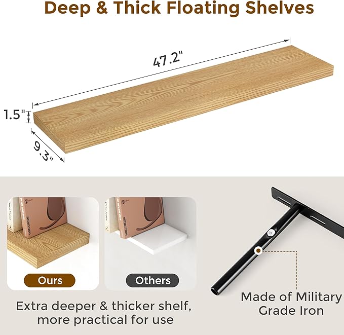 Floating Shelves 48 Inch Long, 48"W x 9"D Wall Shelf Invisible Bracket, 9 Inch Deep Floating Shelf for Wall, Rustic Wooden Shelves for Living Room, Kitchem, Bedroom, Oak Color, Set of 1