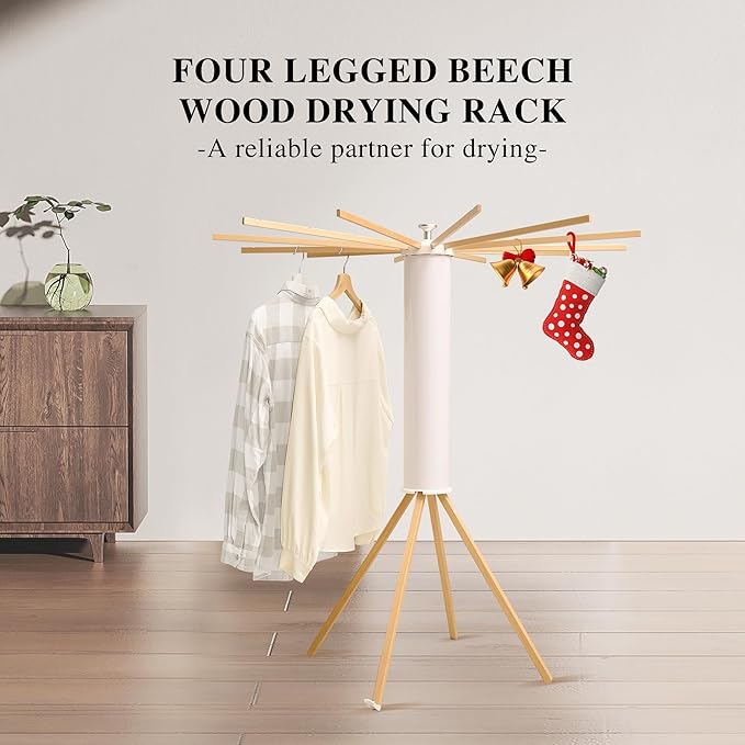 LEQ Drying Rack Portable,Foldable Drying Rack Clothing with 12 Wood Drying Arms, Standing Laundry Hanger Rack Round Collapsible & Portable Handle for Laundry Room, Balcony, Bedroom, RV