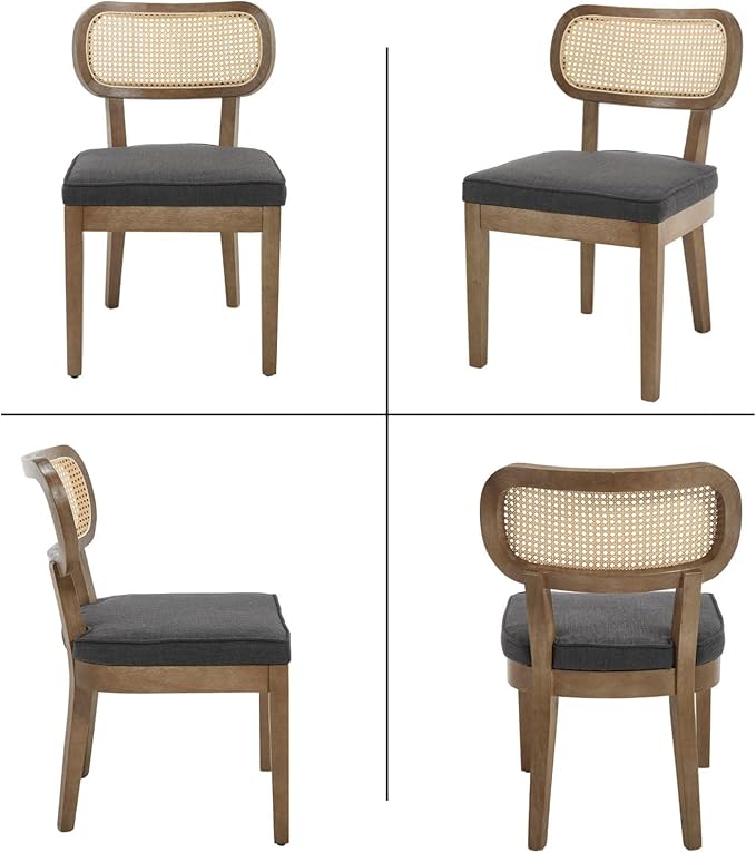 Rattan Dining Chairs Set of 6 Upholstered Linen Kitchen & Dining Room Chair with Curved Backrest Farmhouse Kitchen Chair Solid Wood Armless Side Chair for Dining Room/Restaurant, Black