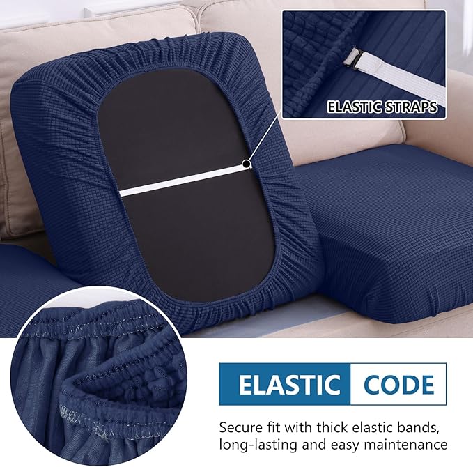 hyha Waterproof Sectional Couch Covers, Non Slip Sofa Couch Cushion Covers L Shape, Thick Stretch Jacquard Fabric, Washable Sofa Slipcovers with Elastic Bottom (1 Piece for Chaise XL, Navy)